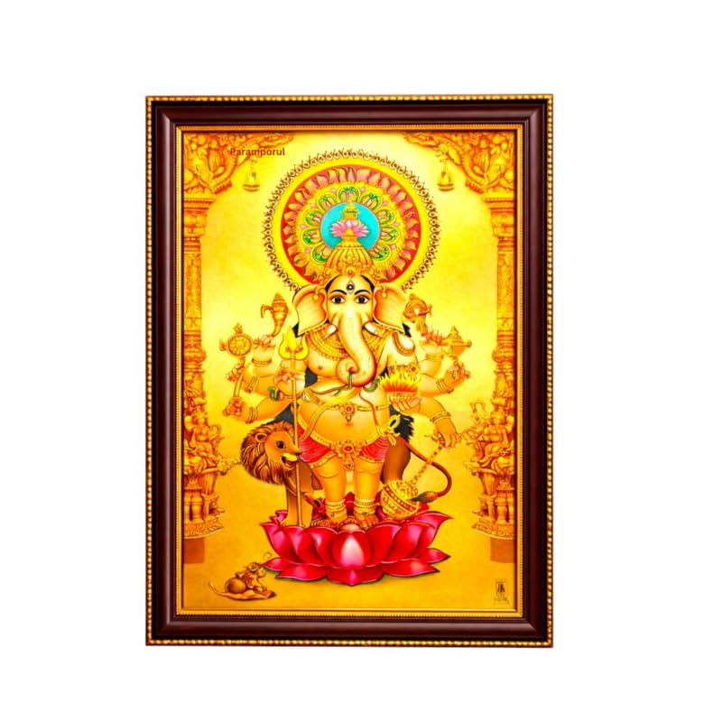 Image of Paramporul Gallery Ganesha Vinayagar Gold Foil Photo Frame for Pooja Room, Hindu God Wall Decor, Ready to Hang, 10x14 Inch