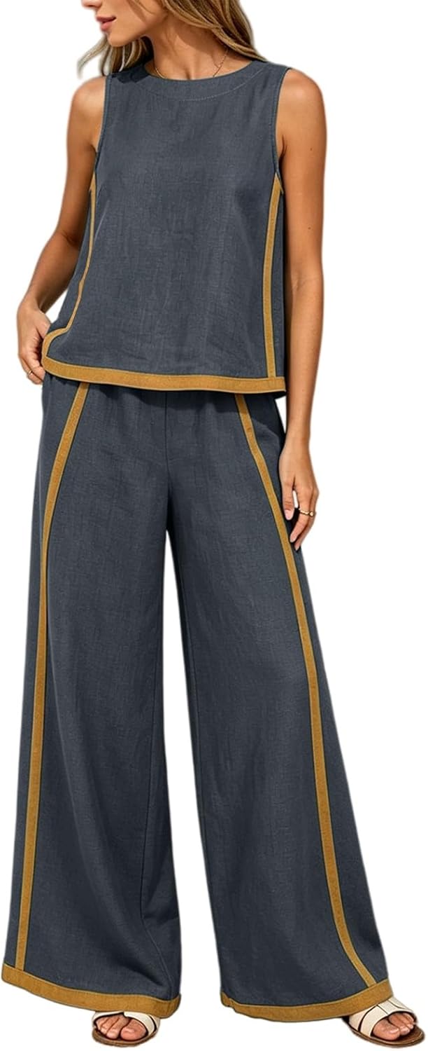 2 Piece Sets for Women Color Block Linen Lounge Sets Sleeveless Top Wide Leg Pants Matching Casual Travel Outfit