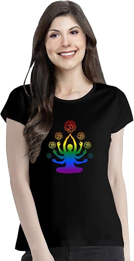 Pooplu Women's Regular Fit Colourful Om Yoga Cotton Graphic Printed Round Neck Half Sleeves 100% Cotton Black and White Yo...