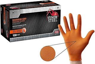 Venom Steel Maximum Grip Nitrile Gloves, 8 Mil Thick, Raised Diamond Texture For Grip, Puncture and Rip Resistant, Hi-Visibility Orange, One Size Fits Most (100 Count)