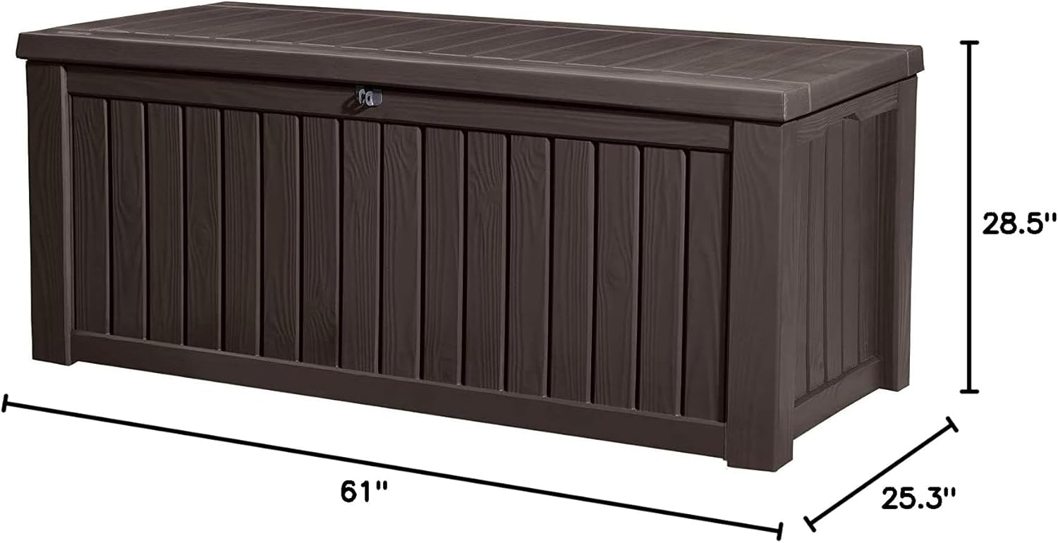 Keter Rockwood Deck Box with dimensions labeled