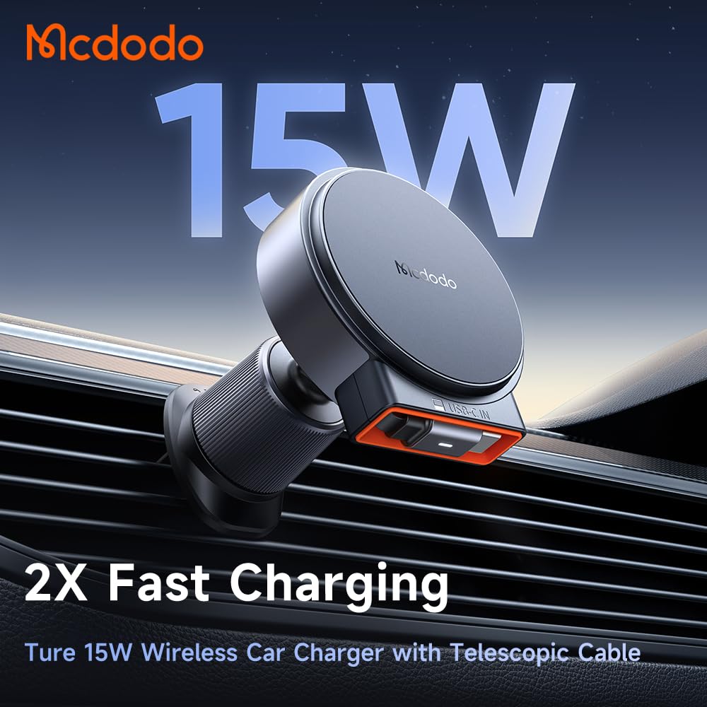 mcdodo 15W MagSafe Car Mount Charger [Built-in Type-C Retractable Cable] Magnetic Wireless Car Charger for Air Vent, Fits iPhone 16 15 Pro ProMax Plus, Galaxy and More