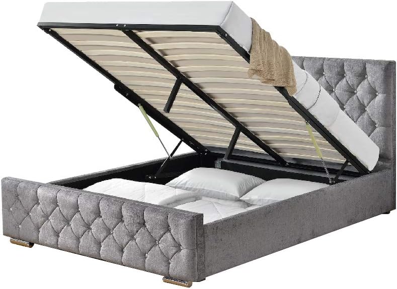 Athens Silver Chenille Fabric Ottoman Storage Bed Chesterfield Design With Diamante Double & King size (Double 4FT 6)