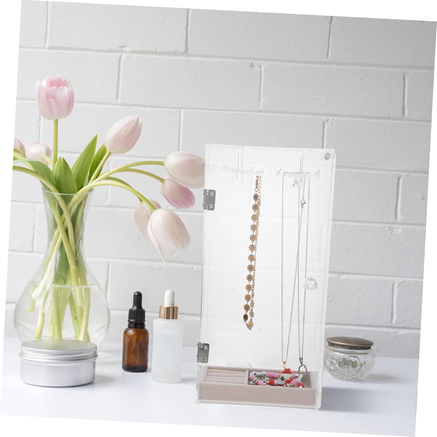 Rotating Jewelry Organizer Transparent Necklace Holder Stand with Velvet Ring Display Convenient Storage for Bracelets Pendants Earrings for Home Travel