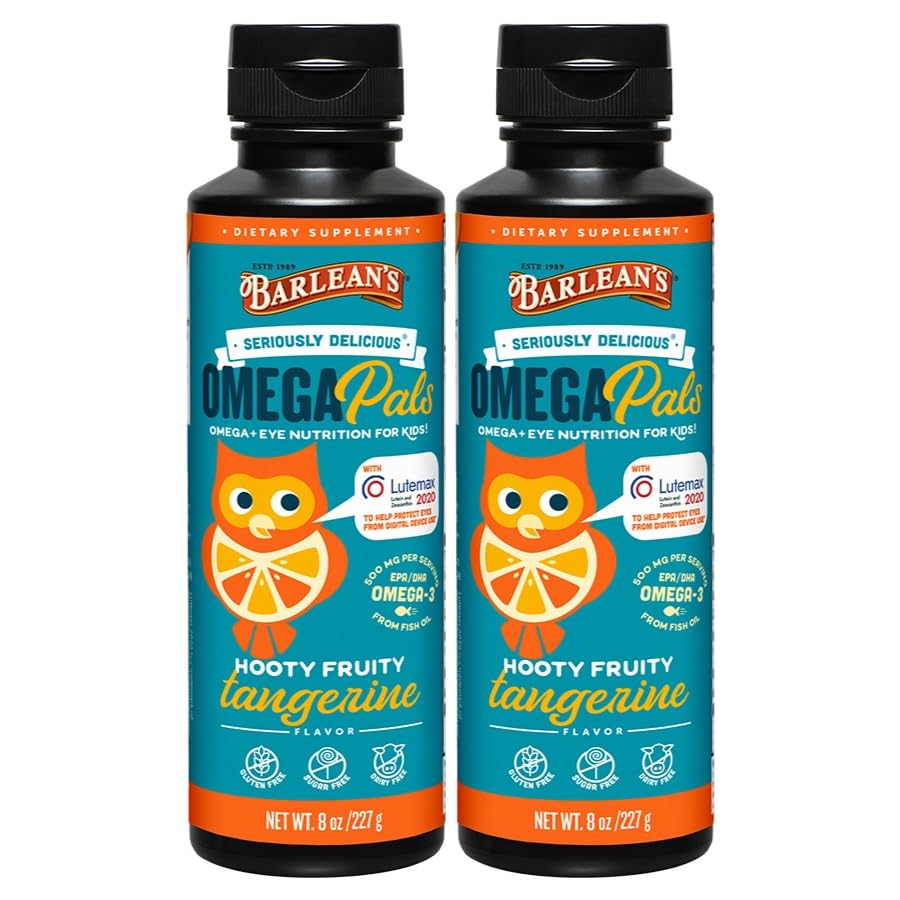 Barlean's Tangerine Omega Pals Kids Omega-3, 500mg EPA & DHA, 8oz, 2-Pack Hooty Fruity Tangerine 8 Fl Oz (Pack of 2)