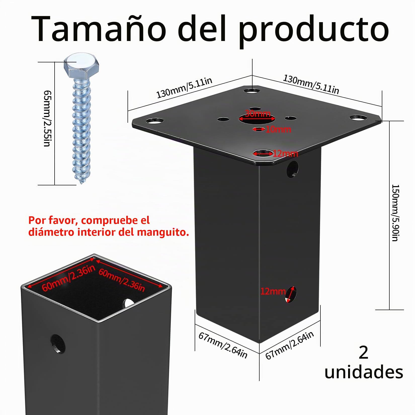 2 Pcs Soporte de Postes para Vallas Cuadrado, Soportes de Poste, Base de Poste de Anclaje Poste Atornillable para 60x60 mm Postes de Madera, Suelo Hormigón Jardin Cenadores Barandillas Buzón