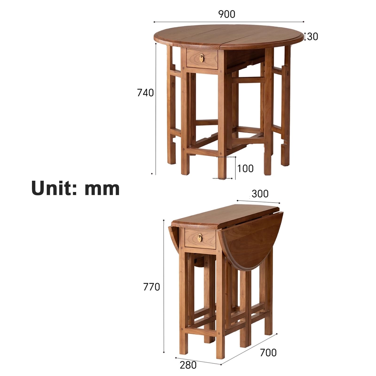 Tavolo Rotondo da Pranzo, Tavolo Pieghevole 3 in 1 In Legno Massello in Stile Cinese, Salvaspazio, Non Richiede Montaggio