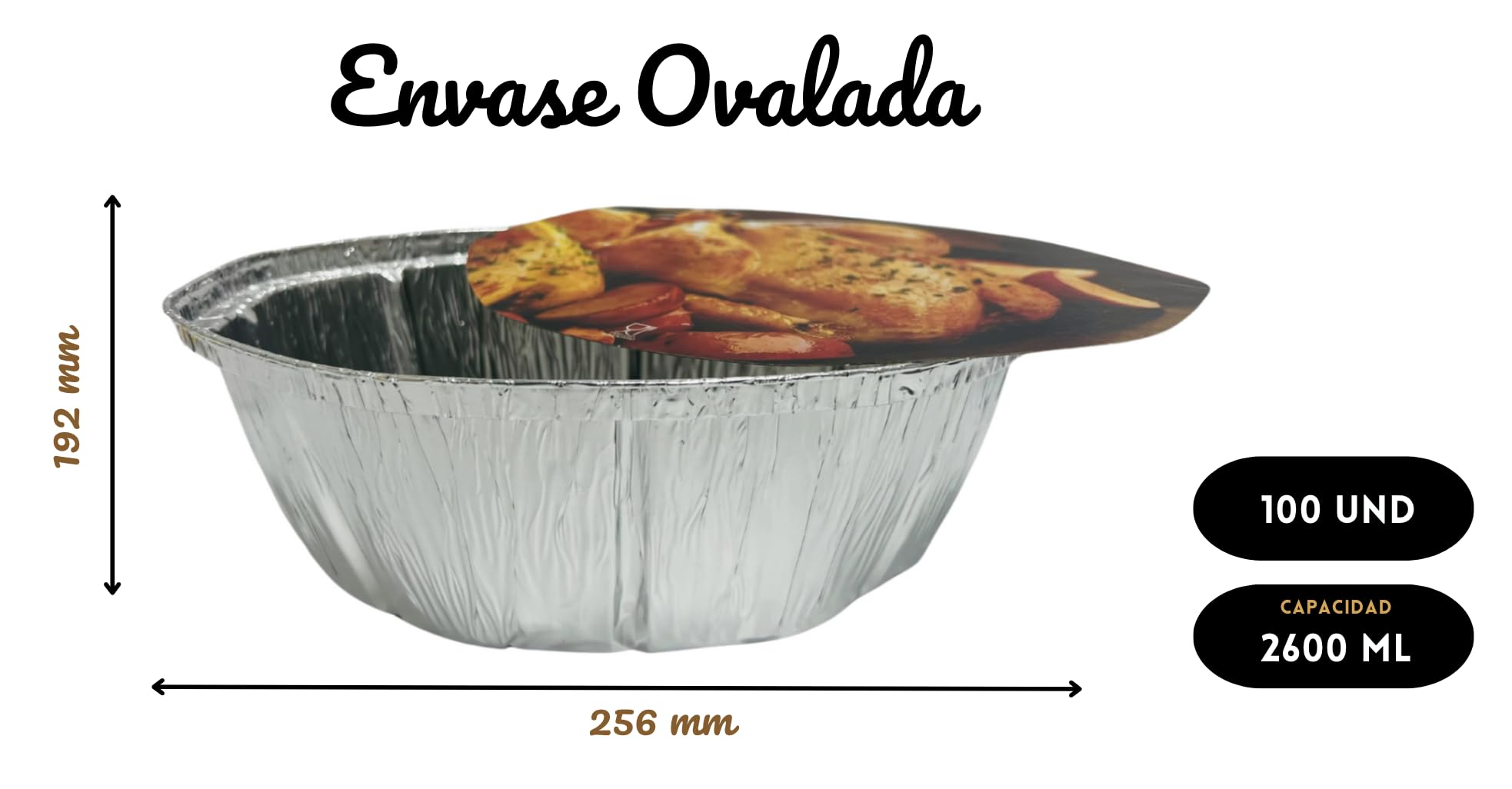 Envases de Aluminio Ovalados con Tapa, Apto para Horno y Microondas, Bandejas Reciclables para Pollo Asado y Comida para Llevar, 256x192x87 MM, 100 Unidades 2600ml