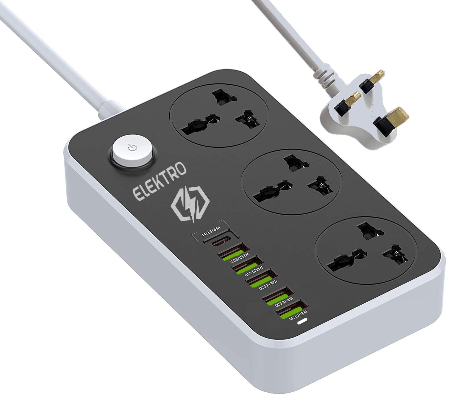 Elektro Heavy Duty Extension Socket, 3 Outlets with 6 USB Power Socket, Multi Plug Power Extension for Office, Home, Kitchen, Copper Clad Aluminum Wire, Extension Cord with USB