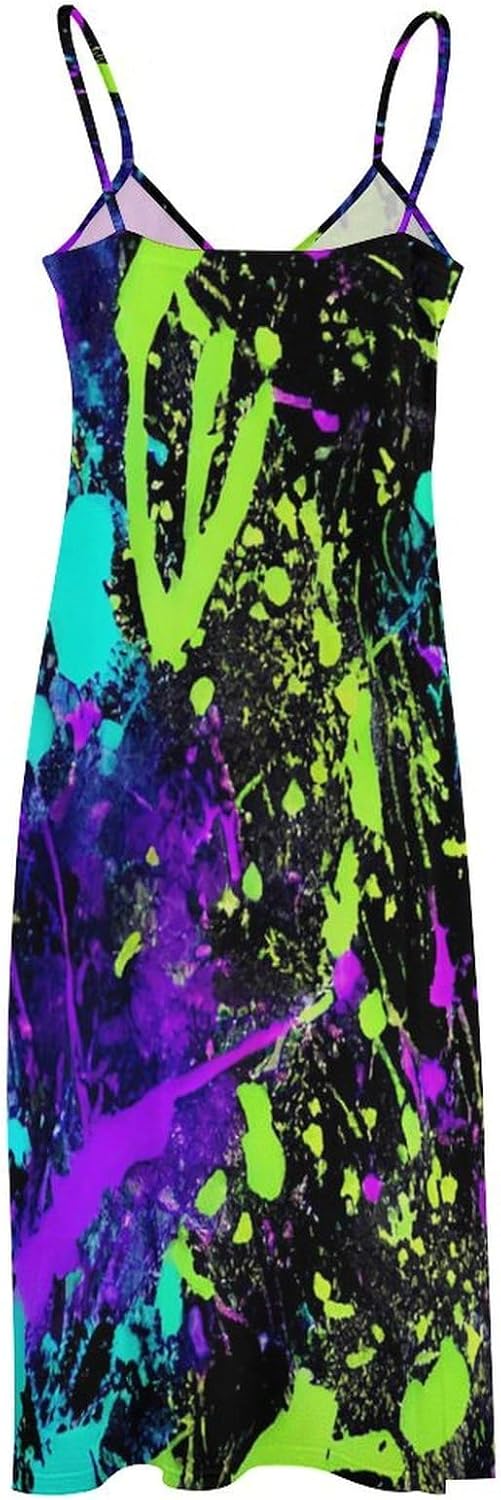 Glow in Dark Splatter Neon Women's Summer Maxi Dress Long Sleeveless Strap Beach Dresses