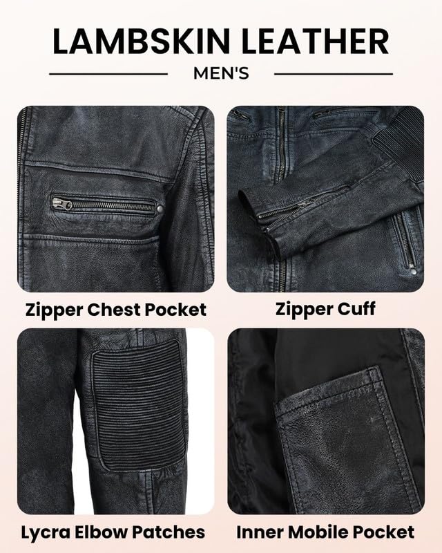 Image of Blingsoul Men's Leather Jacket - Real Lambskin Motorcycle Cafe Racer Biker Style Jacket