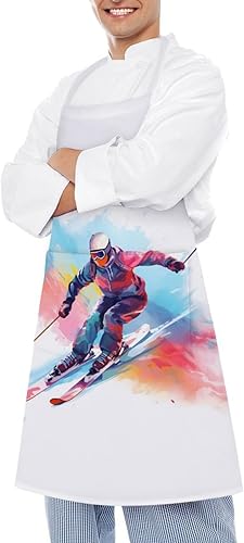 Miniatura 4 de Skier Watercolor Adult Apron Personalized Cooking Aprons Kitchen Bib with Adjustable Neck And Pockets