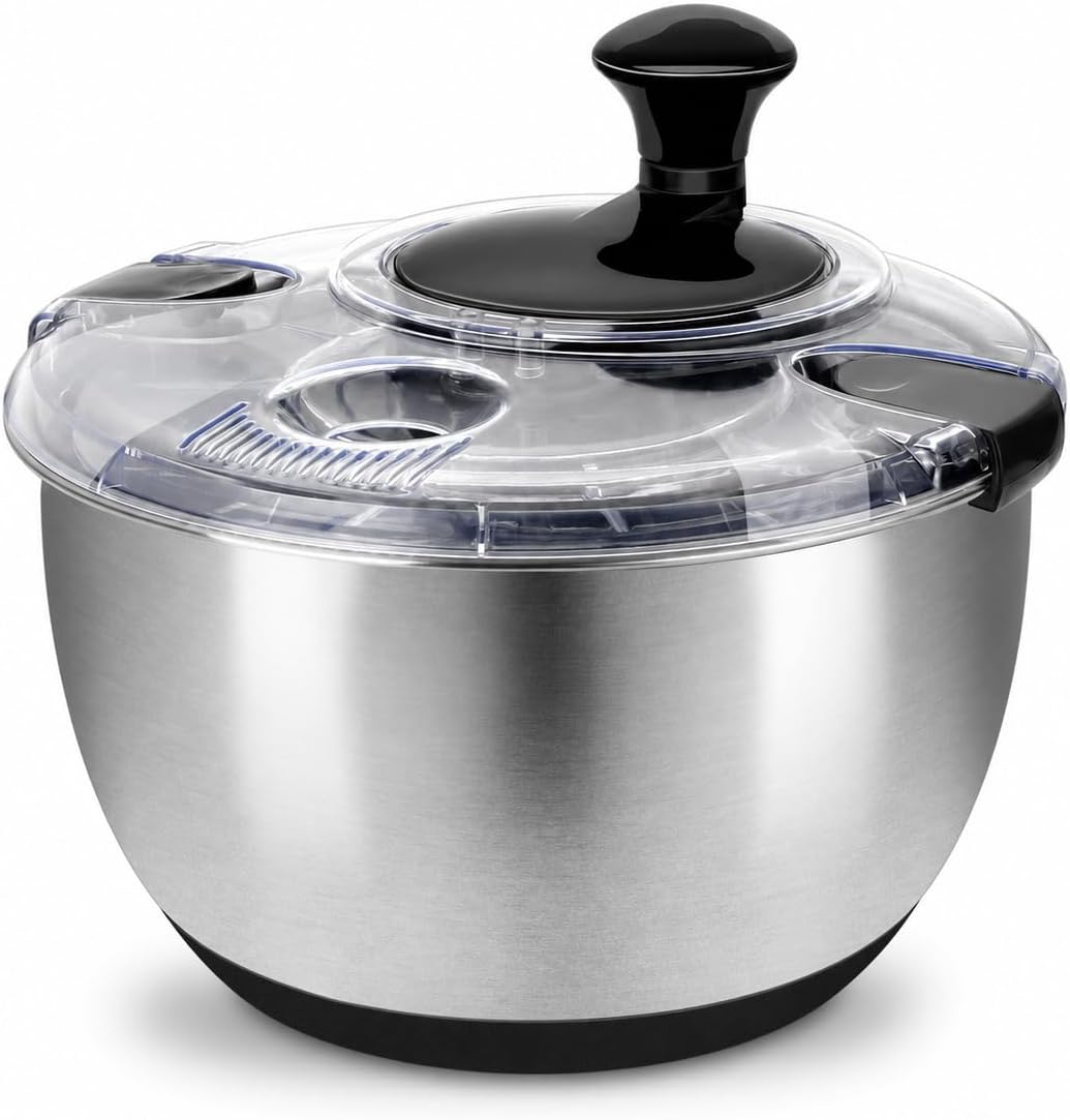 Stainless Steel 4.8 Qt Salad Spinner Vegetable Washer Lettuce Dryer with Transparent Lid