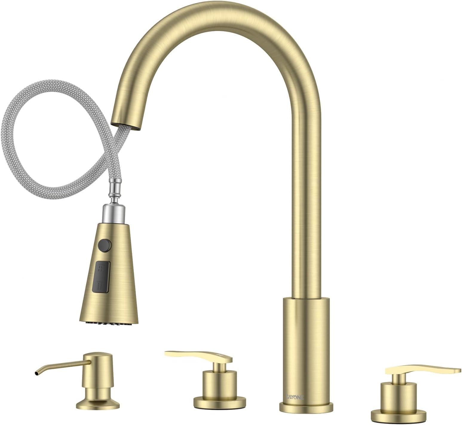 DAYONE 2 Handle Kitchen Faucet with Pull Down Sprayer, 4 Hole Sink Faucets with Separate Handle for Kitchen RV Laundry Bar, 3 Modes, SUS304 Stainless Steel, Brushed Gold
