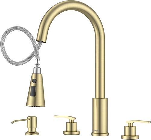 DAYONE Grifo de cocina de 2 manijas con rociador extraíble, grifos de fregadero de 4 agujeros con mango separado para cocina, RV, barra de Oro
