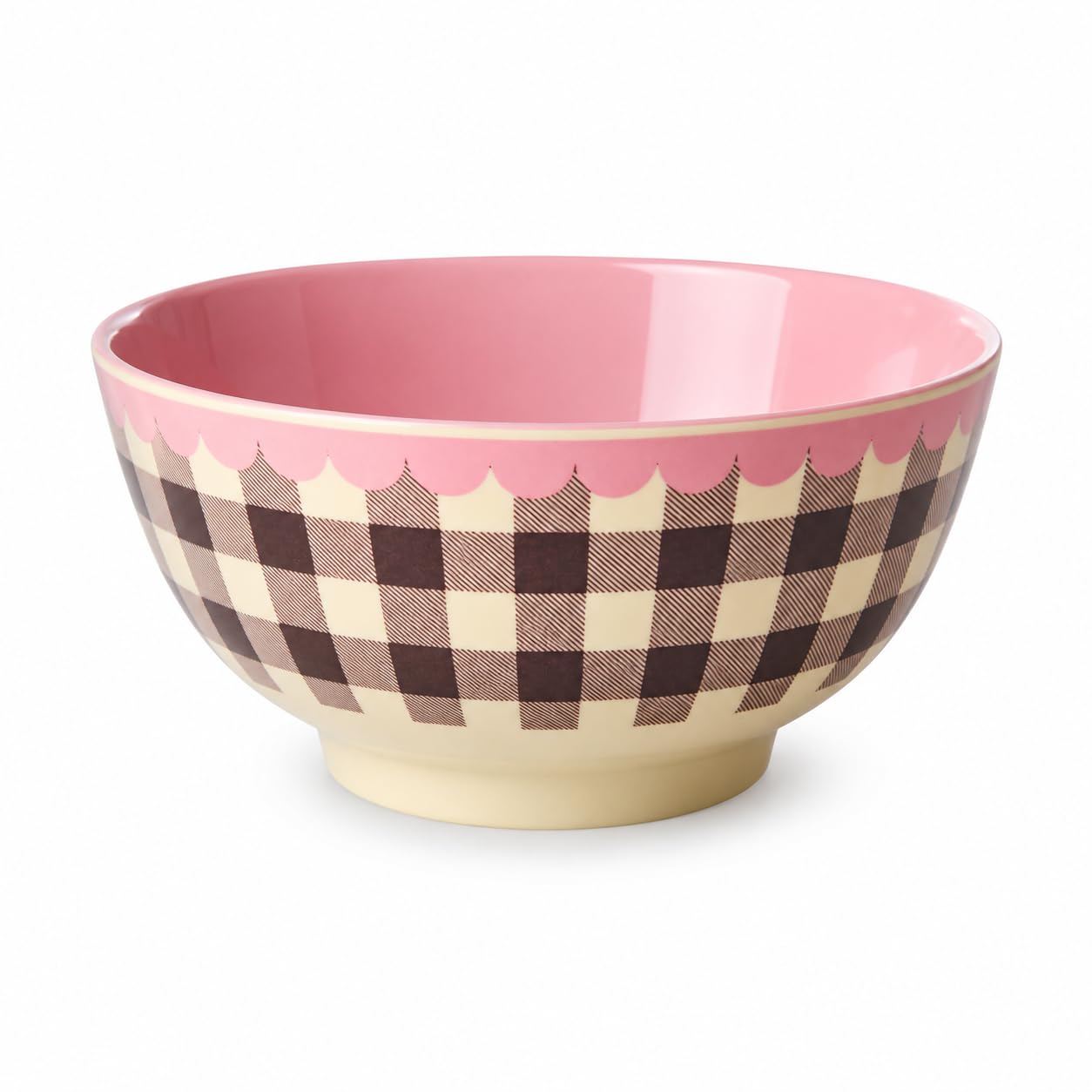 RICE Melaminschale Check Me Out 700 ml – mittelgroße Schüssel aus Melamin, kariertes Design in Rosa/Braun, BPA-frei, spülmaschinenfest, leicht & robust für Müsli, Salat, Snacks, Picknick & Camping