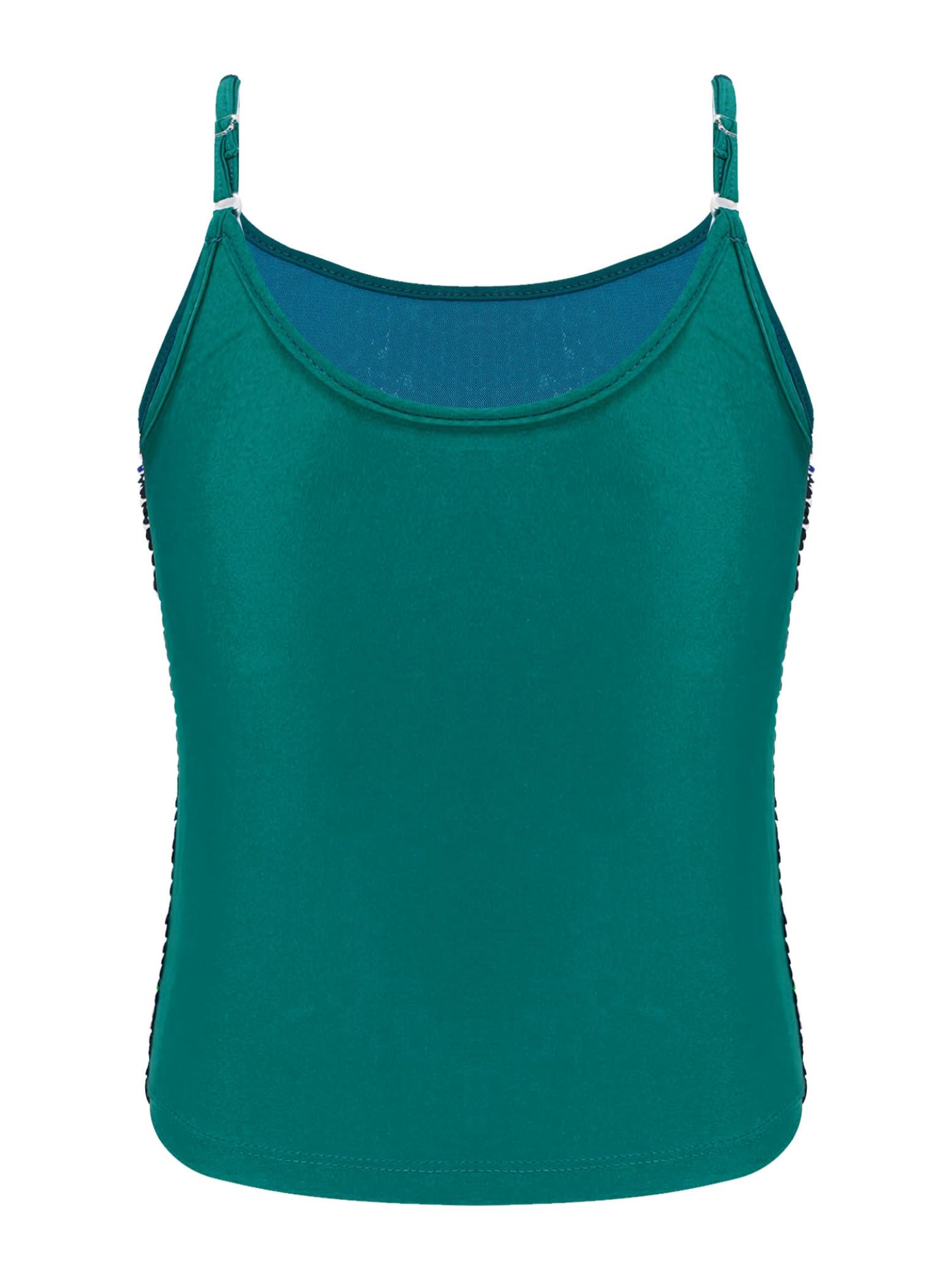 Sxiwei Błyszcząca koszulka dziewczęca z cekinami, podkoszulek tank top, ramiączka, koszulka typu spaghetti, koszulka na ramiączkach, jazz, taniec, krótki kostium do tańca