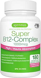 Igennus Sublingual Vitamin B12-Complex 1000mcg, Clean Methylated Methylcobalamin, 180 Servings, 3 High Absorption Forms, Sugar-Free Melts, 1-a-Day, Vegan Supplement