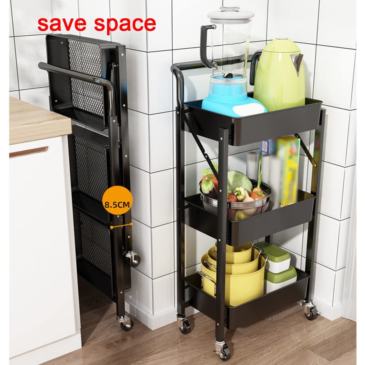 Genérico Carrito de Almacenamiento Plegable de 3 Niveles: Carrito rodante para Espacios reducidos, estantería móvil para Cocina, solución versátil de Almacenamiento en Blanco.