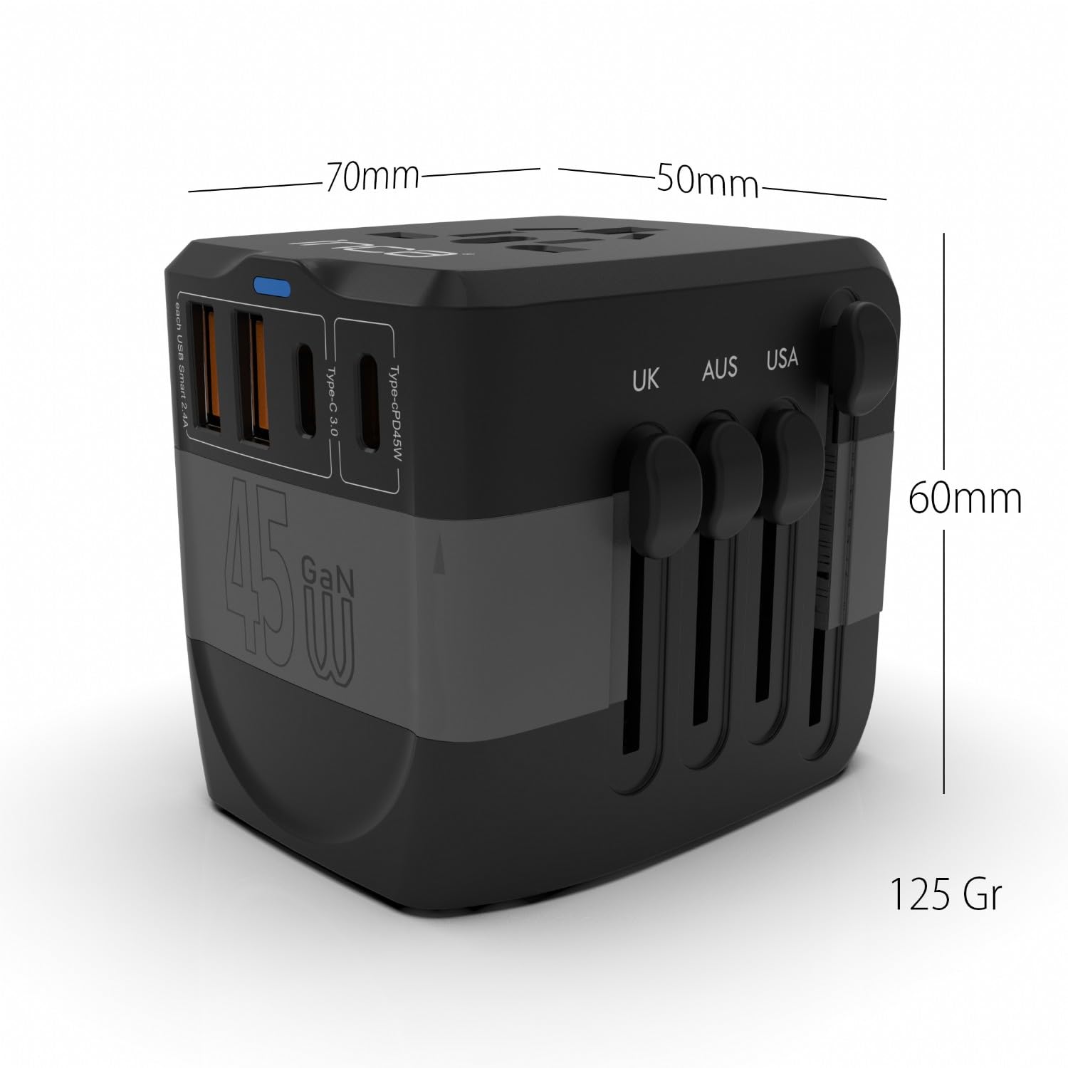 inca IPW-45SA adapter podróżny na całym świecie, 45 W, wtyczka podróżna z 2 USB-C, 2 USB-A, szybkie ładowanie PD 45 W, międzynarodowy adapter do gniazda wtykowego do USA/UE/UK/OFF – ponad 150 krajów