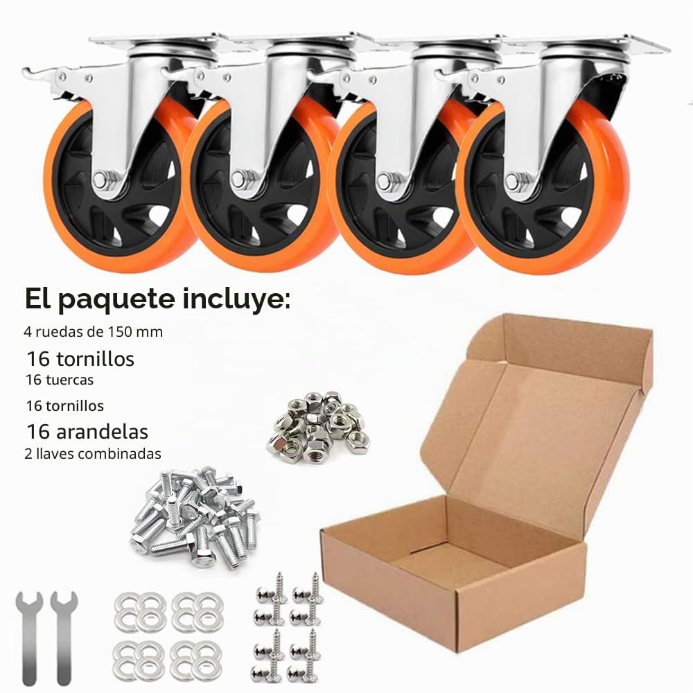 Ruedas para Muebles de 150 mm con Freno, Ruedas Giratorias con Doble Bloqueo, Set de 4 Ruedas para Cargas Pesadas Carga 1000KG, Silenciosas Ruedas de Poliuretano Rotación de 360°
