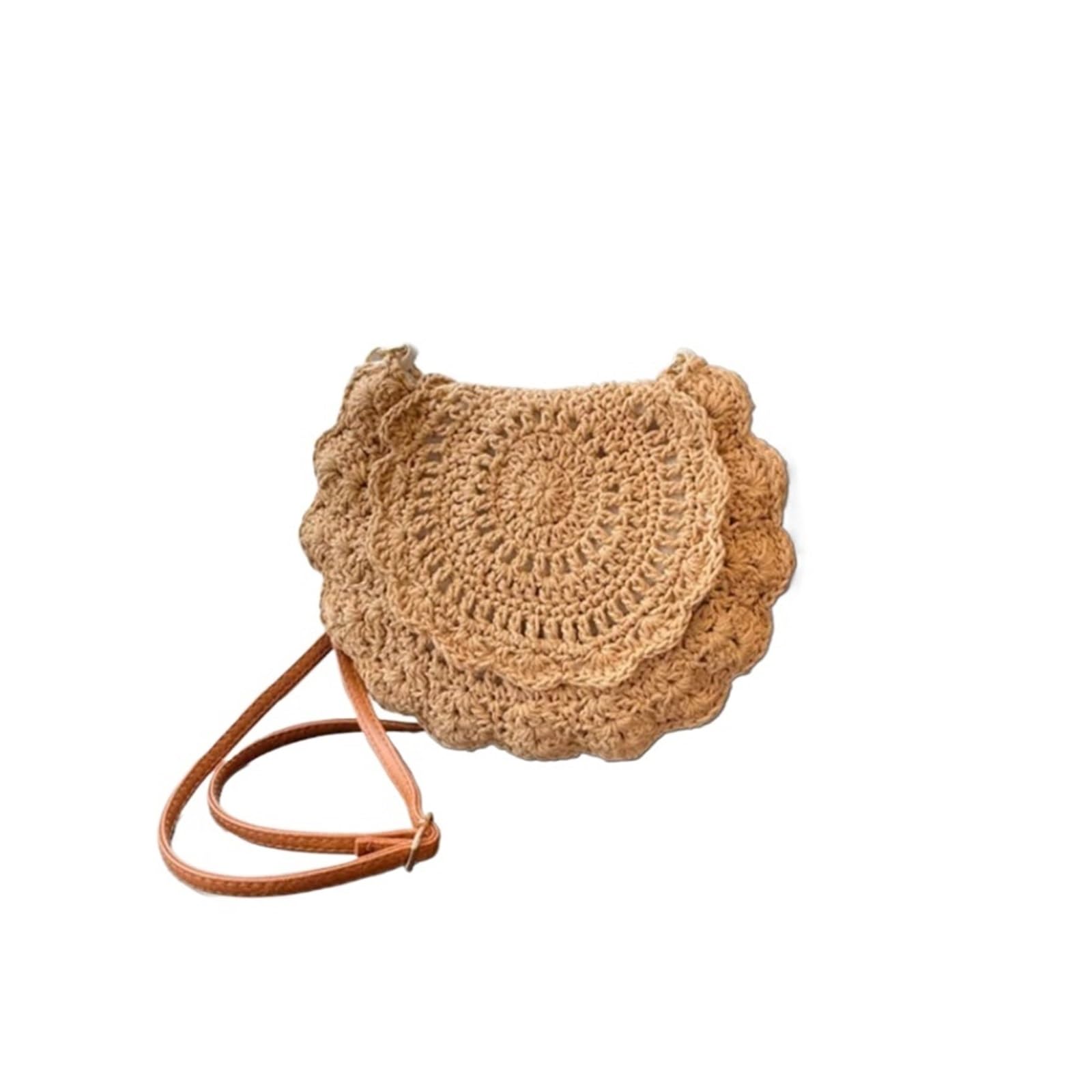 Borsa rotonda intrecciata in paglia Borsa a tracolla rotonda in paglia all'uncinetto, bordo smerlato Boho