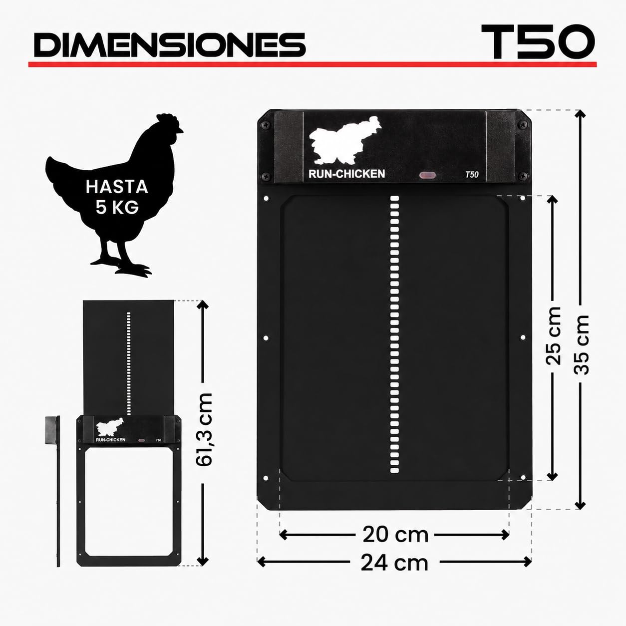 Run‑Chicken Door T50 Onyx – Puerta automática Negra para gallineros, Aluminio Resistente, Control por App, Sensor de luz y Temporizador con retardo, Apta para Exteriores