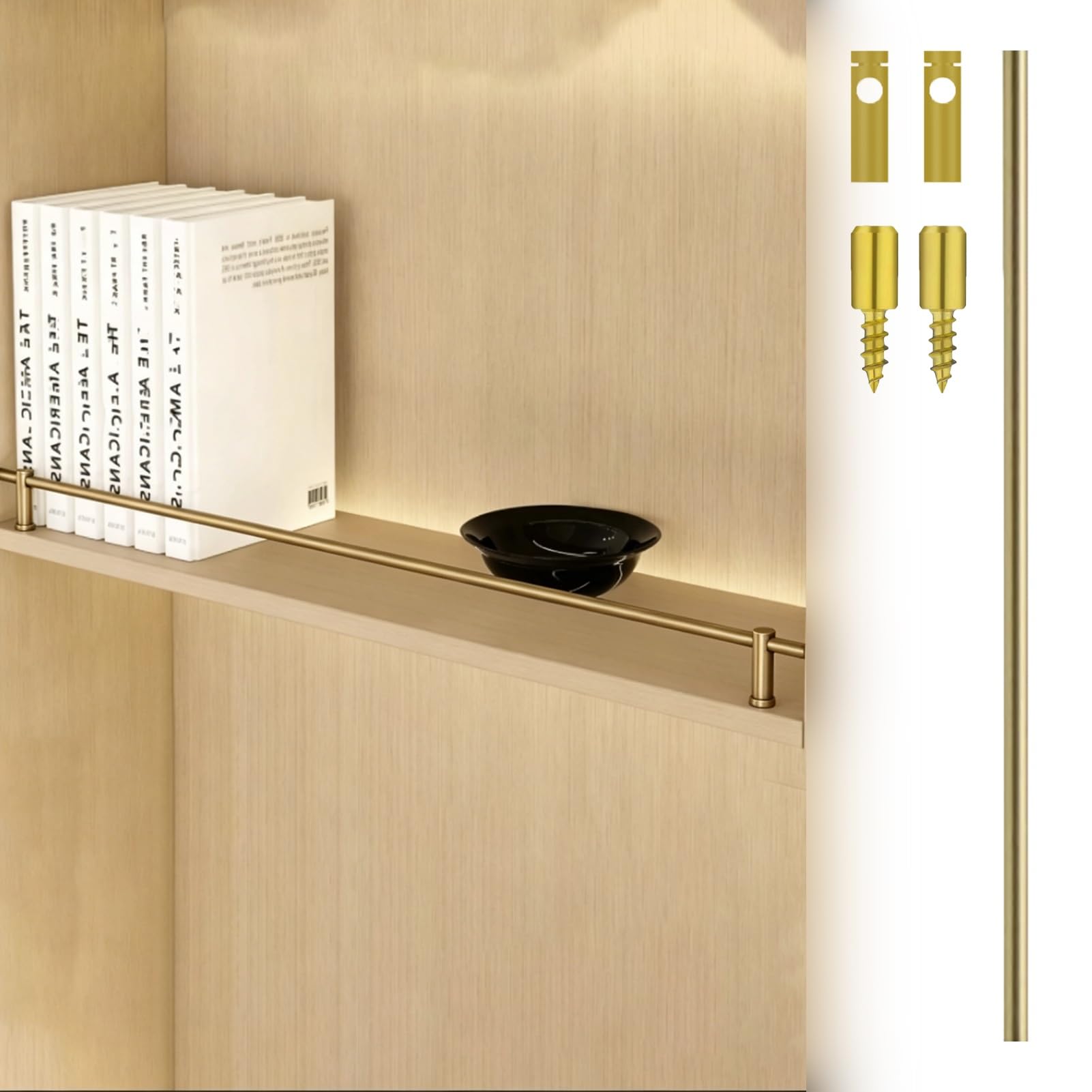 Minglez Brushed Gold Gallery Rail For Shelves Aluminum Tipping Gallery Rails Set With Screws And Spindles, Black Shelf Rails For Shelves 8 12 24 28 30 32 34 35 36 Inch, Customizable(,45Inch/114.3Cm)