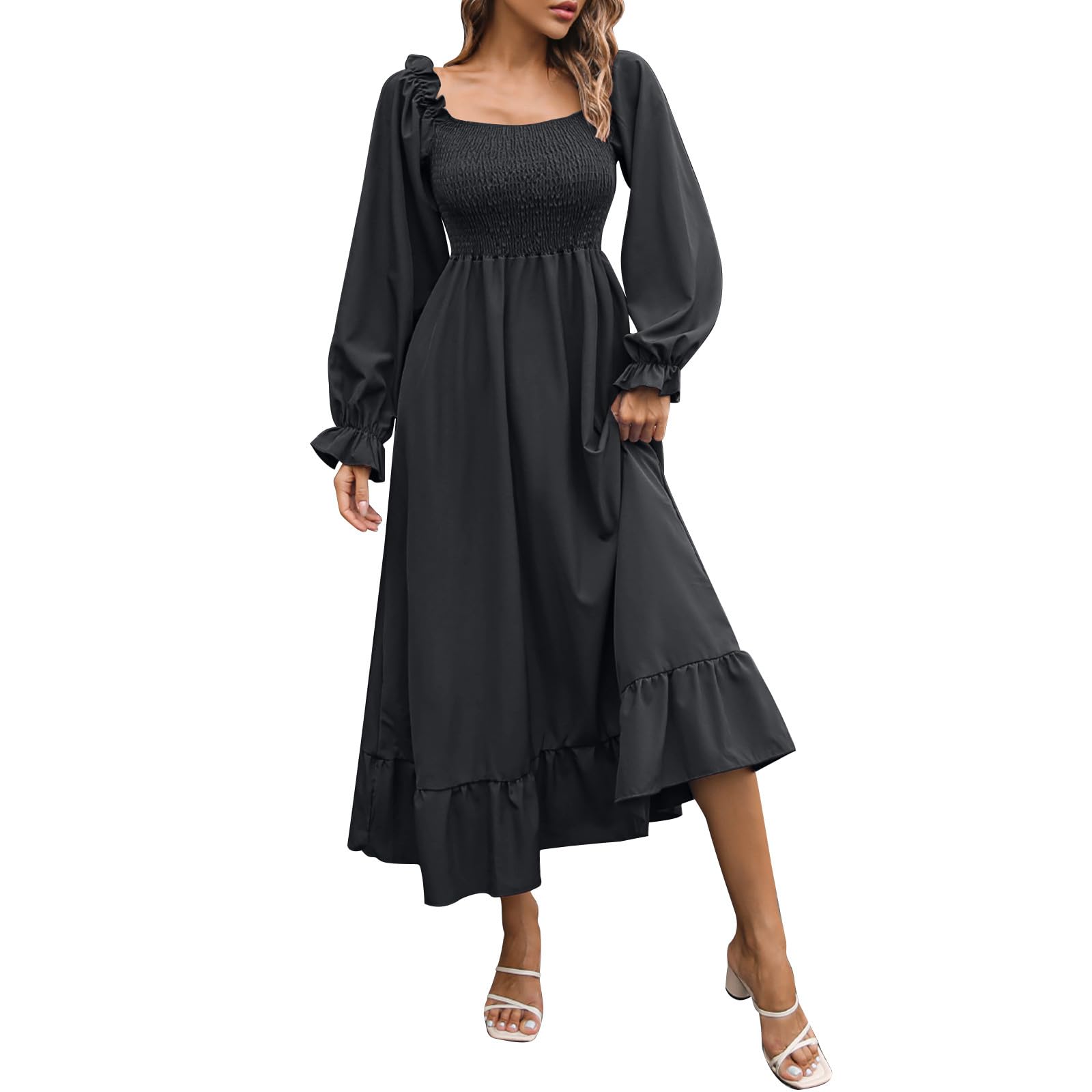 Womens Dress Long Bell Sleeve Square Neck Elastic Waist Ruffle Flowy Swing A-Line Midi Dresses Fall Fashion Dress