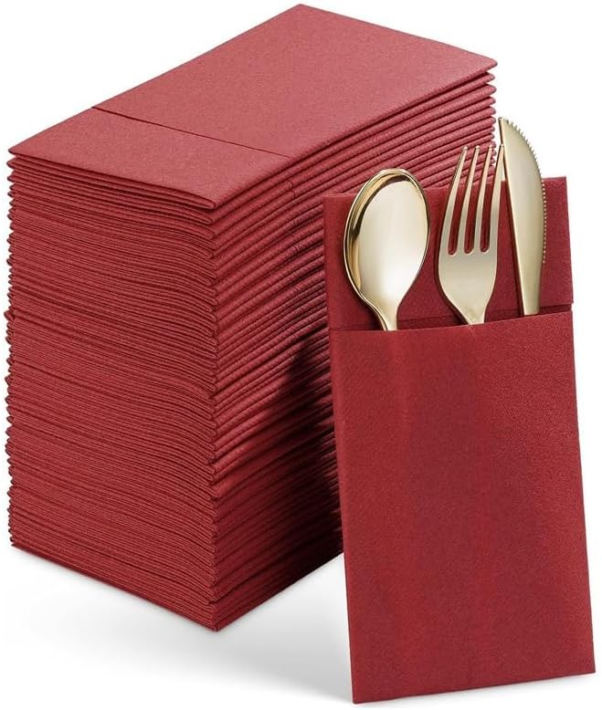 50 Pcs Pocket Dinner Napkins, Disposable Linen-Style Napkins with Cutlery Pouch, Pre-Folded for Weddings, Parties & Daily Use(Light blue)