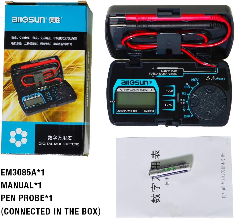 allsun Auto Ranging Pocket Tiny Digital Multimeter, Mini Electrical Travel Meter AC/DC Ohm Volt NCV Amp Capacitance Frequency Diode Continuity