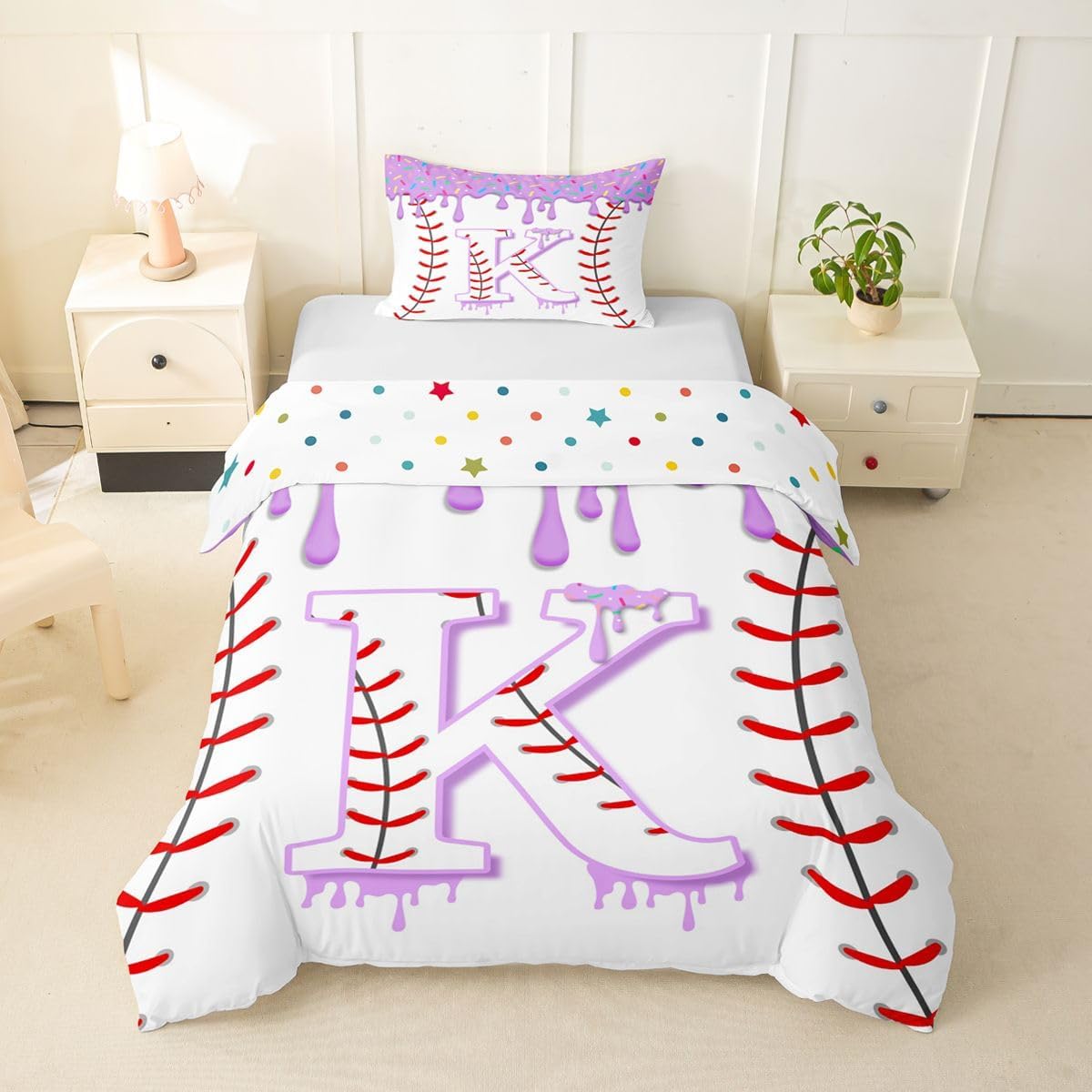 jejeloiu Baseball Ice Cream Duvet Cover Toddler Size Initial Letter K Bedding Set Breathable Soft Purple Ice Cream Comforter Cover 2Pcs Game Sports Bedroom Decor