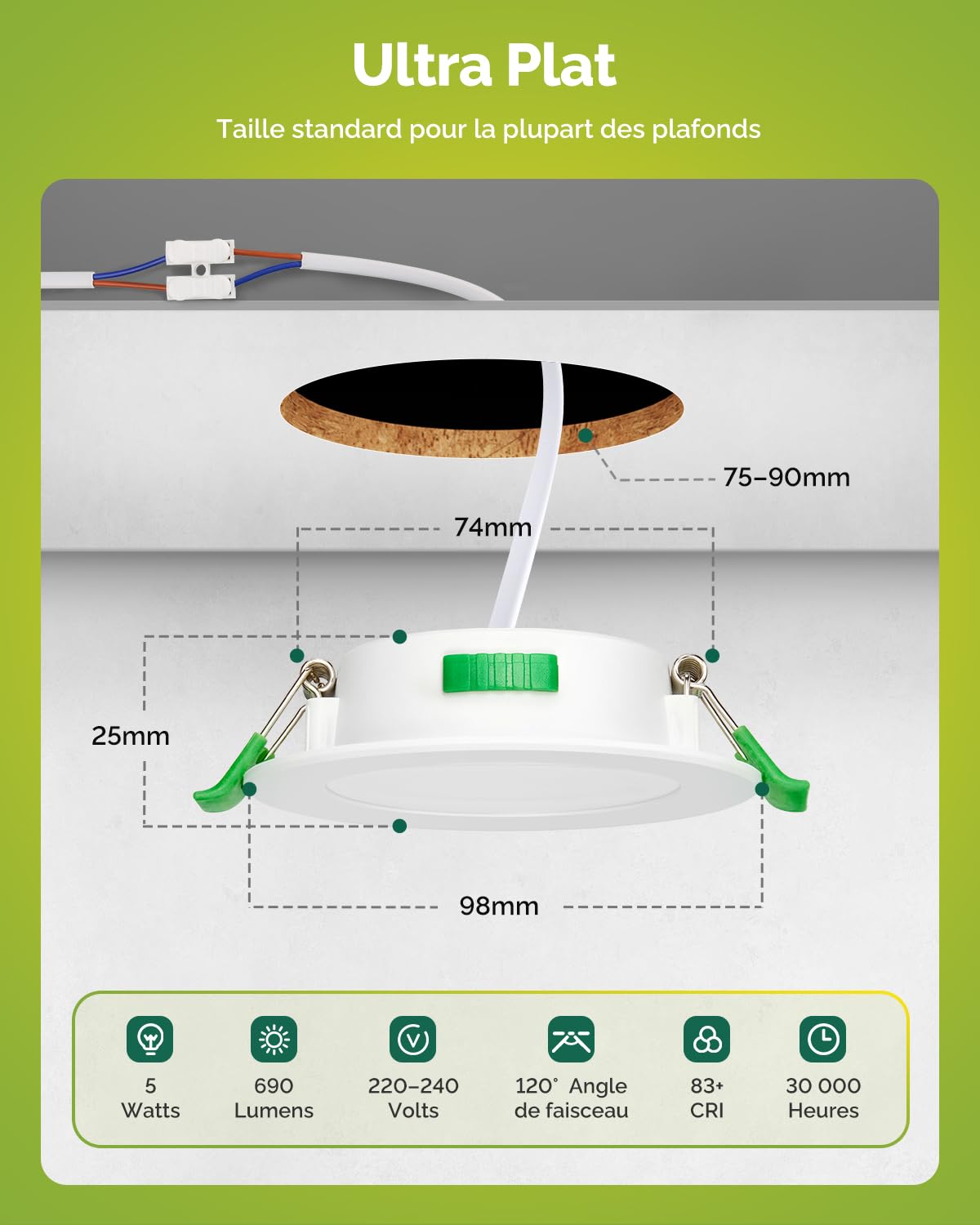 Lot de 12 Spot LED Encastrable Trou Ø75-90mm, 5W 690lm Spots de Plafond Blanc Chaud 3000K Blanc Neutre 4500K Blanc Froid 6000K Réglable, Spot LED Salle de Bain Etanche Spots Extra Plat für Bad