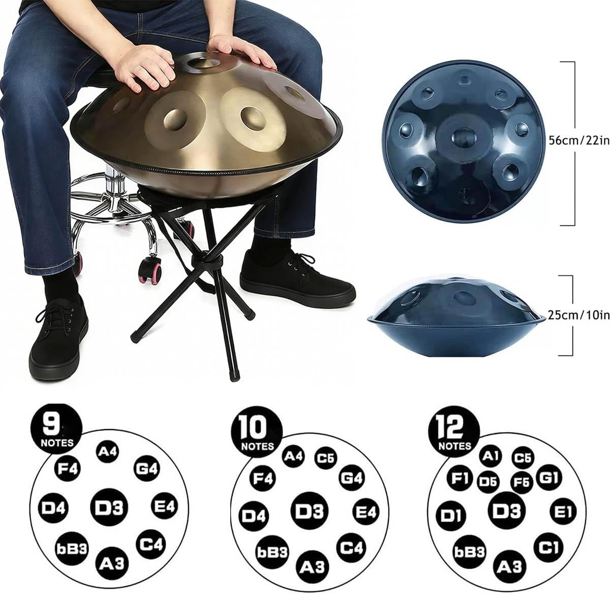Tamburo in Acciaio 22 Pollici Re Minore – Handpan 432Hz/440Hz Strumento a Percussione con Mazze, Supporto per Handpan e Borsa Trasporto, Ideale per Meditazione e Yoga(Viola,432HZ/9Note)