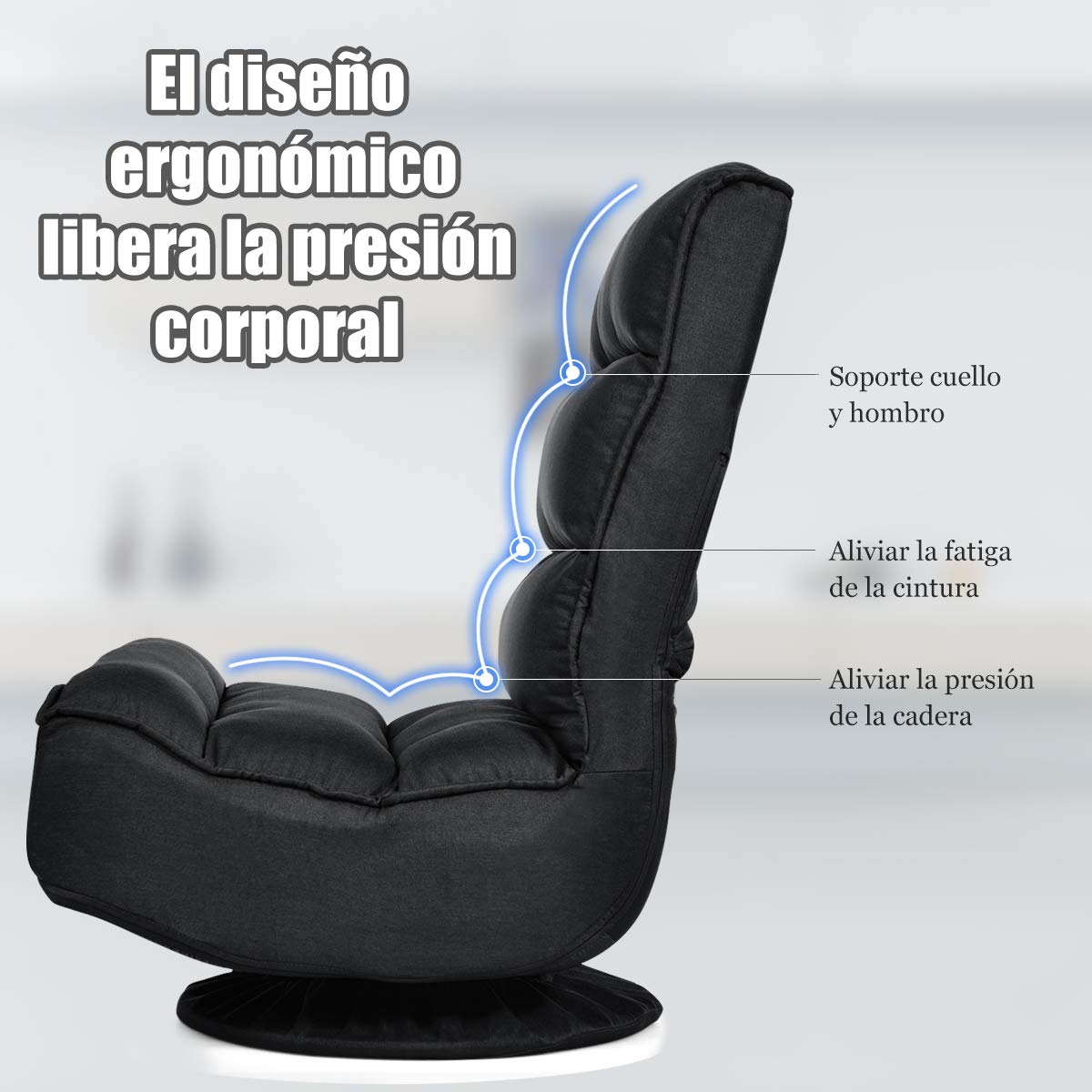 COSTWAY Silla de Suelo con Respaldo Ajustable en 5 Posiciones Silla de Relax Meditación con Base Giratorio 360 ° para Hogar TV (Negro)
