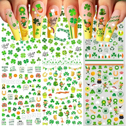 COKTAK 6 Sheets St. Patrick's Day Nail Stickers Nail Decals for Women Girls Manicure, Green Shamrock Clover Self-Adhesive Nail Art Decals, Saint Patrick's Day Nail Art Stickers Party Favor Decoration