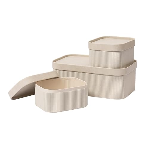 LA JOLIE MUSE Aufbewahrungsboxen mit Deckeln, 3er-Set Dekorative Aufbewahrungsbehälter, Stapelbare Boxen & Veganes Leder-Tablett, Beige - Papier-beige