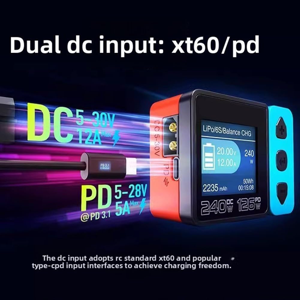 B6neo+ Smart Balance per caricabatterie DC 240 W PD 126 W per LiPo/LiFePO4/NiMH 1S-6S per batteria con xt60 e USB-C, ventola silenziosa 48 dB, ideale per droni, modelli RC e campeggio
