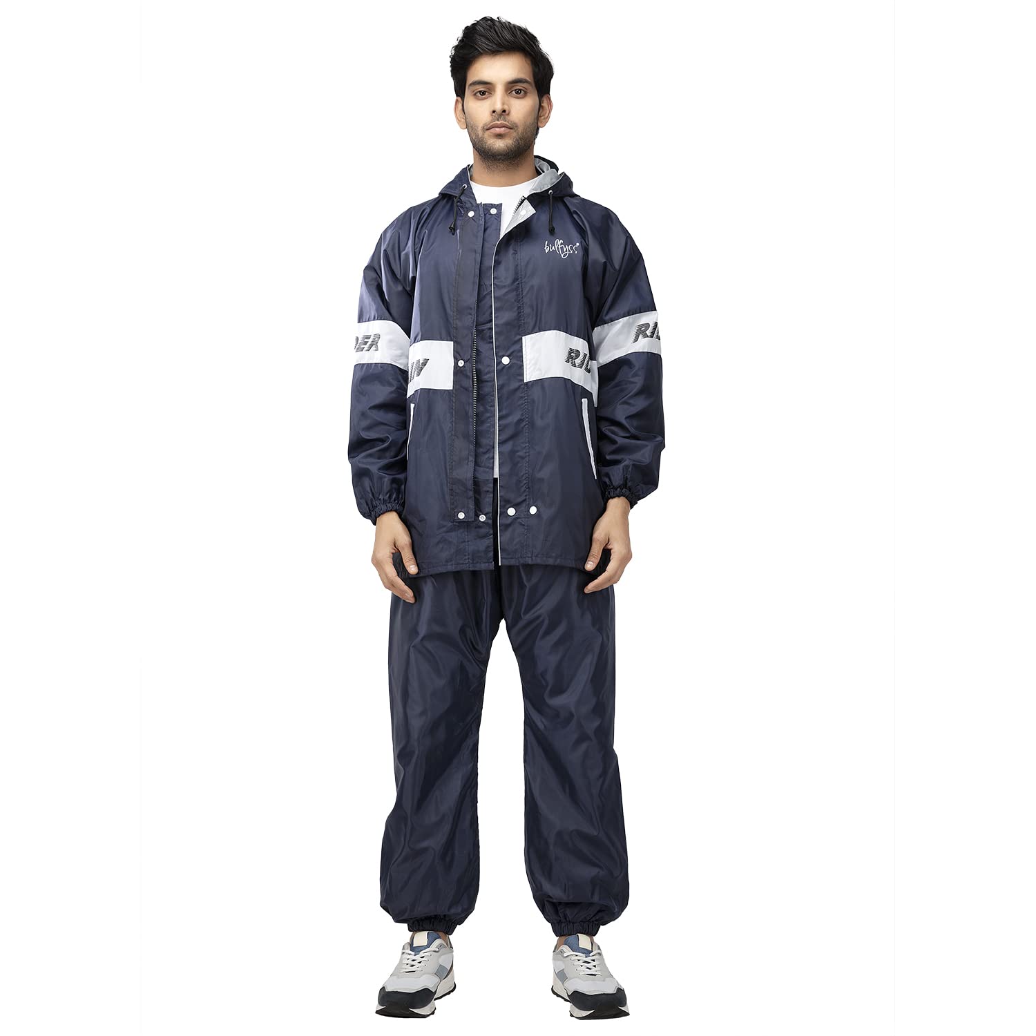 Bulfyss Raincoat 100% Waterproof Polyester Reversible Double Layer Rain Coat For Men Bike with Pants, Adjustable Hood, Inner Mobile Pocket and Storage Bag