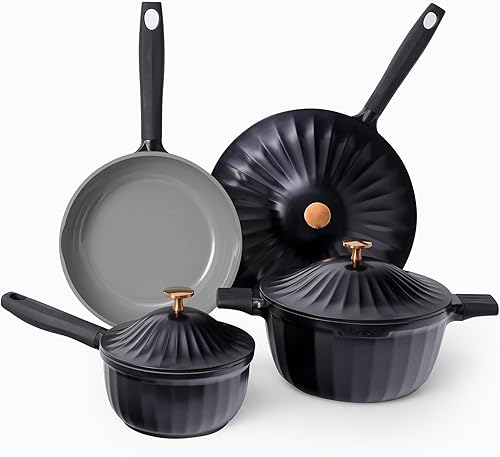 Nonstick Ceramic Cookware Set (7 Piece)–Titanium Cast Aluminum Pots and Pans Set with Lids, Non Toxic PFAS-Free Compatible with All Stovetops–Jet Black
