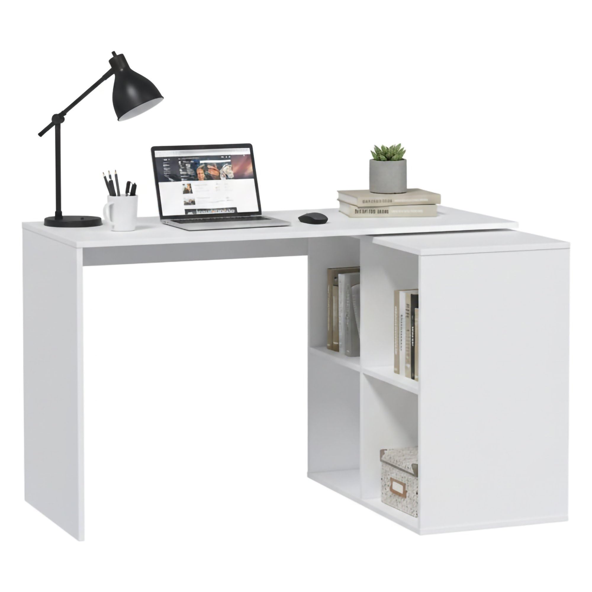 Dmora - Scrivania Revere, Scrittoio angolare, Tavolo ufficio multiuso, Scrivania salvaspazio multiposizione, 152x49h74 cm, Bianco