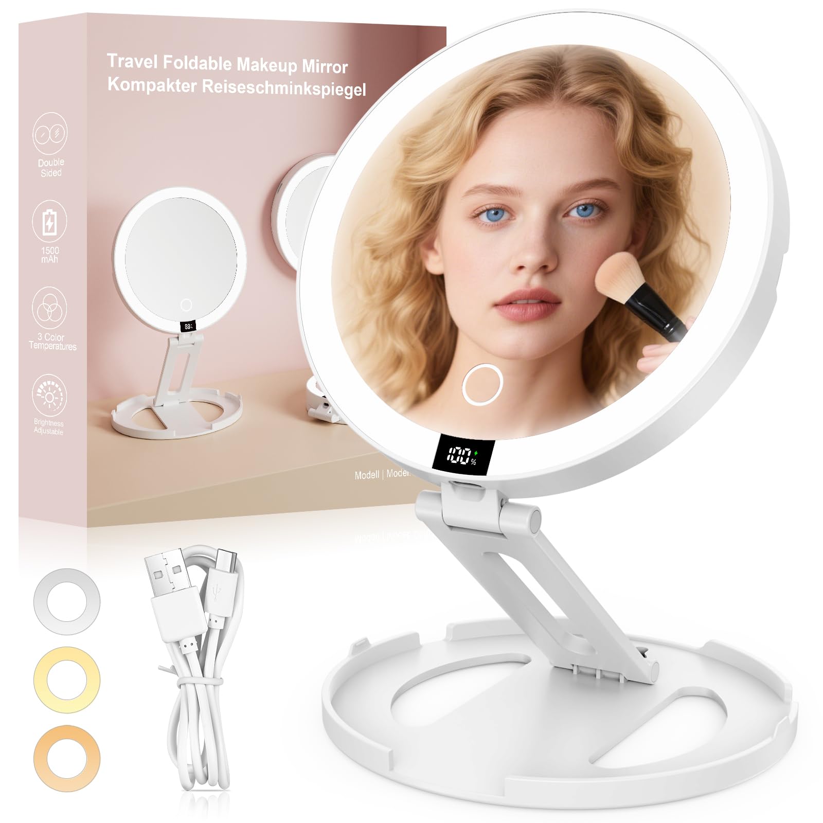 SURFOU Cosmetic Mirror with Lighting, Rechargeable  Foldable, 3 Colours, Dimmable, Double-Sided, 1X/10X Magnification, 360° Rotation, for Home, Bathroom  Travel ⟮White⟯