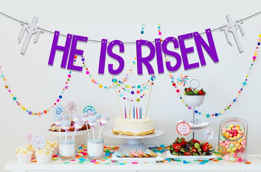He is Risen Banner,Easter Party Decorations,Religious Easter Resurrection Party Deocr,Religious Holiday Supplies,Happy Easter Party Decorations Purple Silver