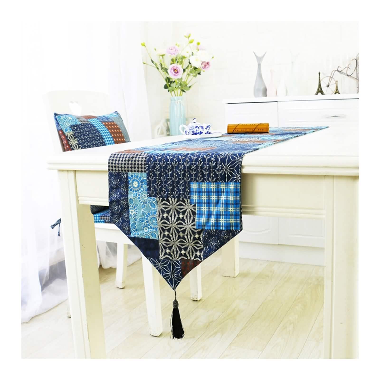 Decoración de mesa de centro de otoño, camino de mesa de granja de 80 pulgadas de largo, azul oscuro, 12.8 pulgadas, empalme retro a cuadros con borla de algodón y lino