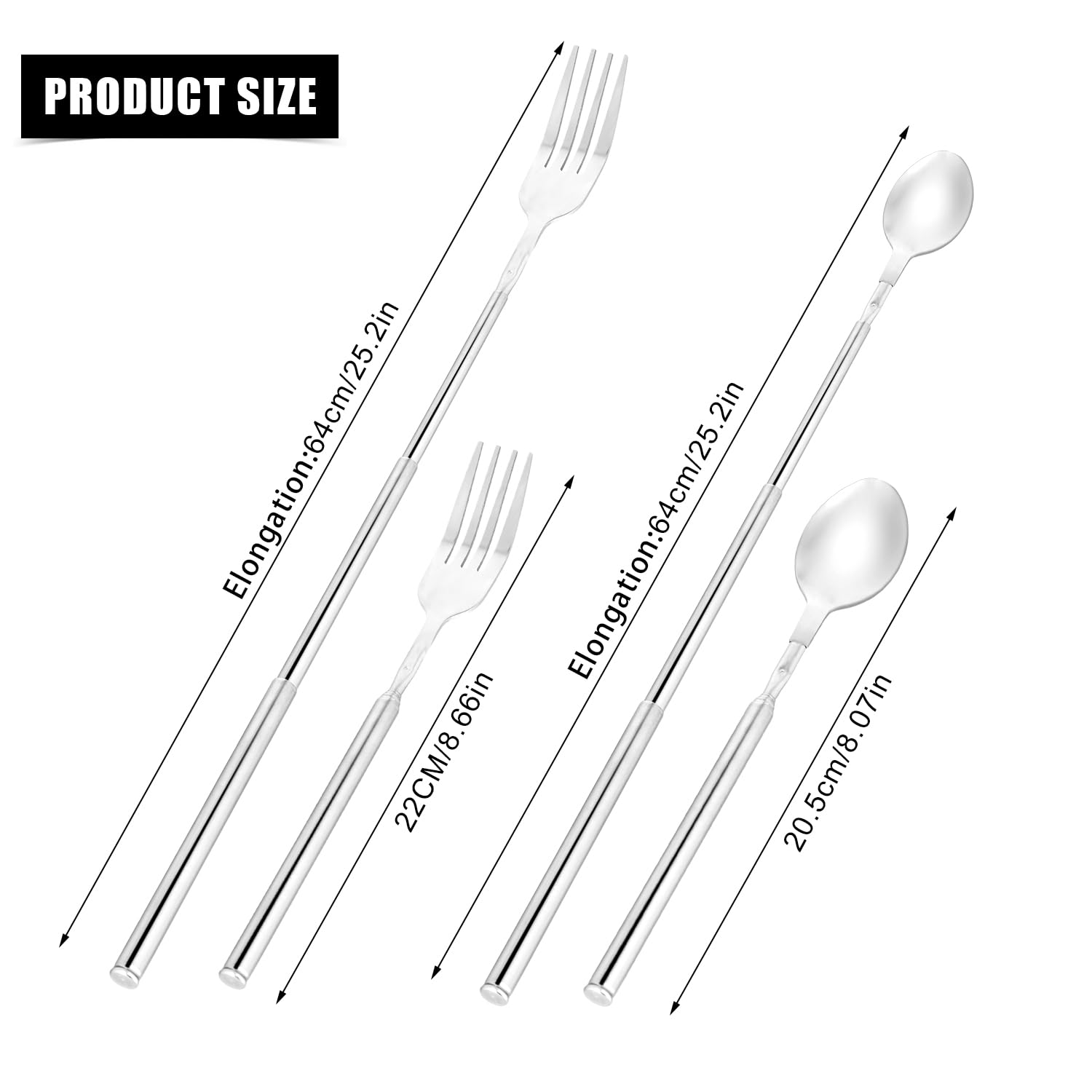 Ausziehbare Edelstahl-Gabel & Löffel – 2-teilig, Teleskopierbar Von 22 Bis 65 Cm