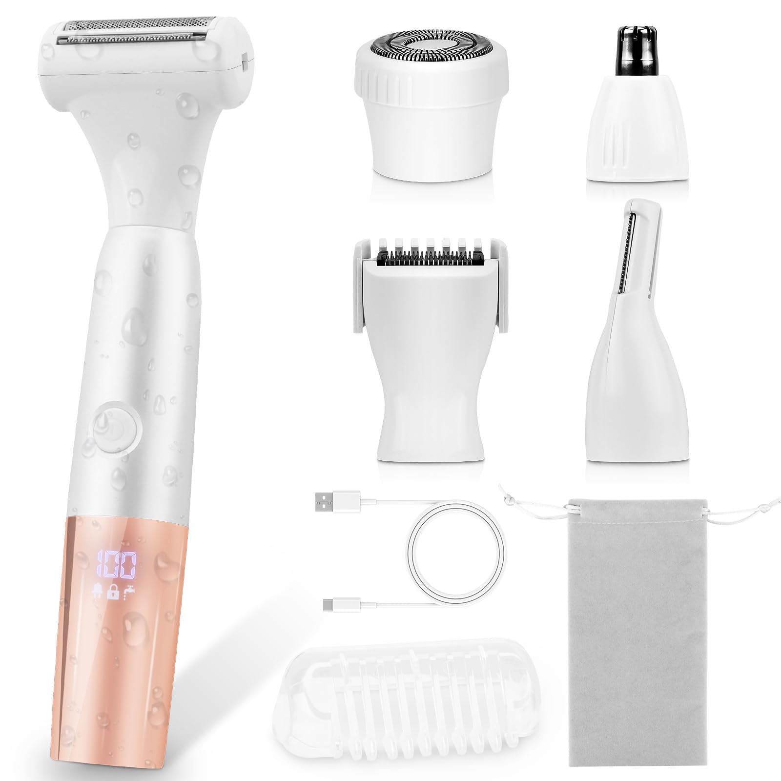 5-In-1 Bikini Trimmer, Kabellos Rasierer Damen, Elektrischer Intimrasierer für Frauen, IPX7 Wasserdichter & LCD-Display, Damenrasierer Intimbereich Elektrisch für Gesicht Bikini Achseln Beine