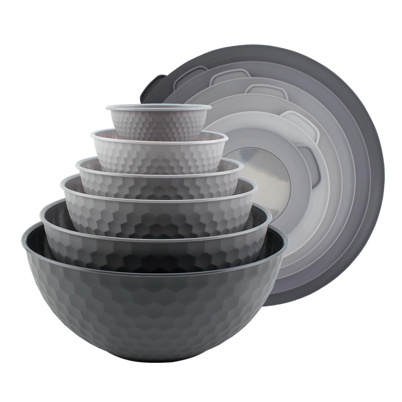 COOK WITH COLORMixing Bowls with Lids - 12 Piece Plastic Nesting Bowls Set includes 6 Prep Bowls and 6 Lids, Non Slip Bottom and Embossed Design - Microwave Safe (Grey)