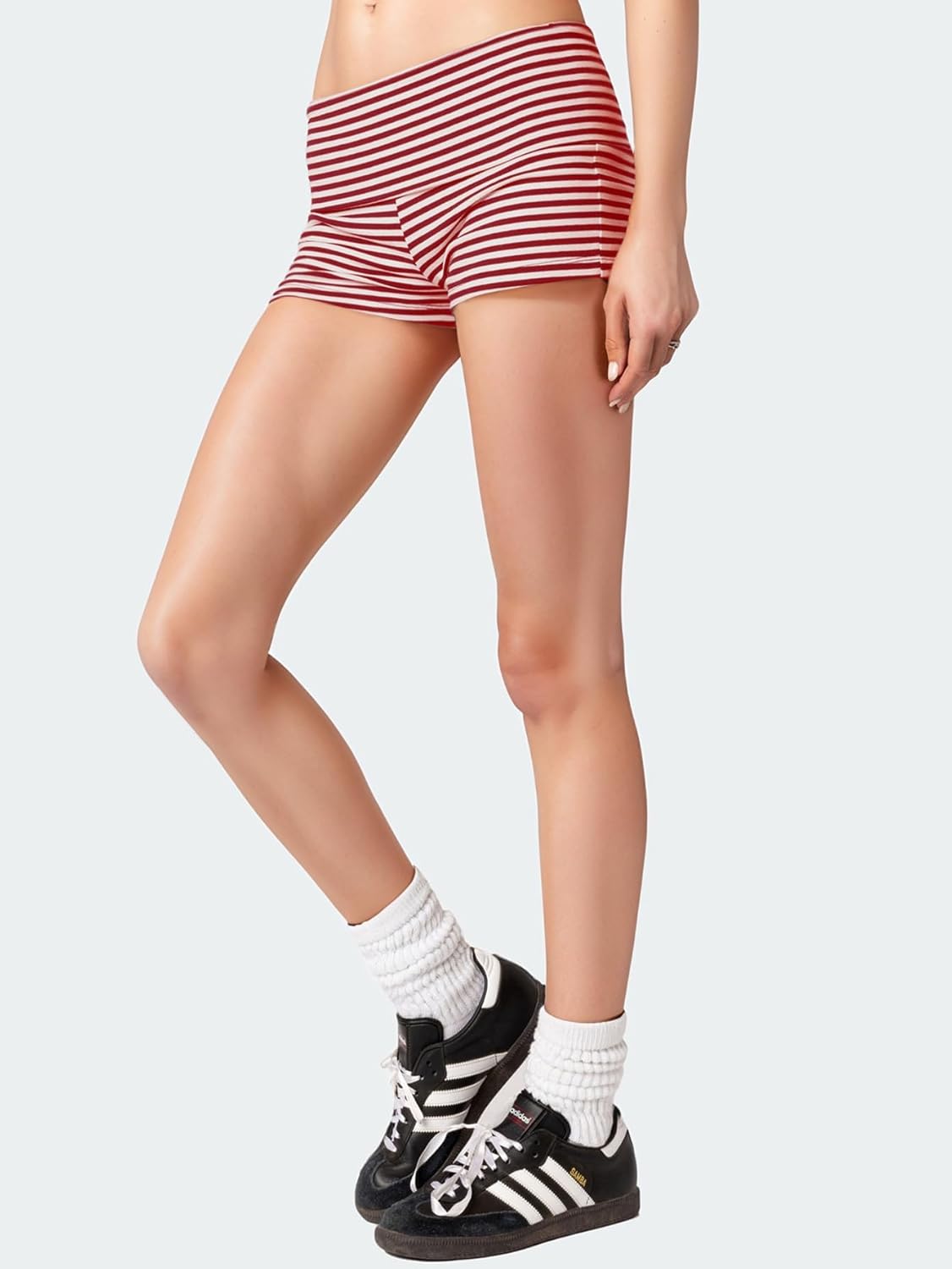 Womens Fold Over Shorts Elastic Waist Y2k Striped Shorts Skinny Pajamas Mini Sleepwear Stretchy Yoga Shorts - Image 3