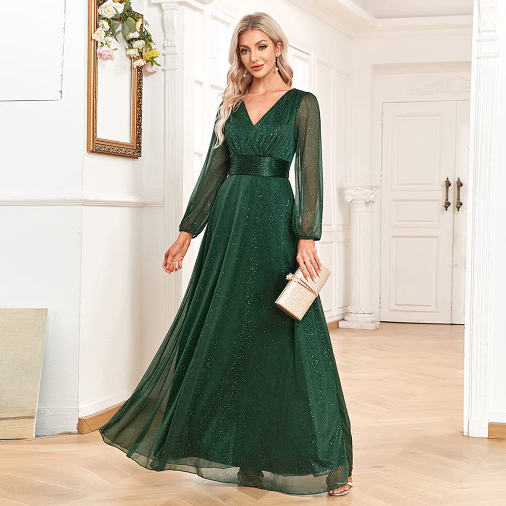 Vestido de noche para mujer, cuello en V, lentejuelas, manga larga, línea A, elegante, de gasa, vestido de fiesta, vestido de cóctel, vestido de otoño, corte ajustado, con cinturón, vestido de baile,