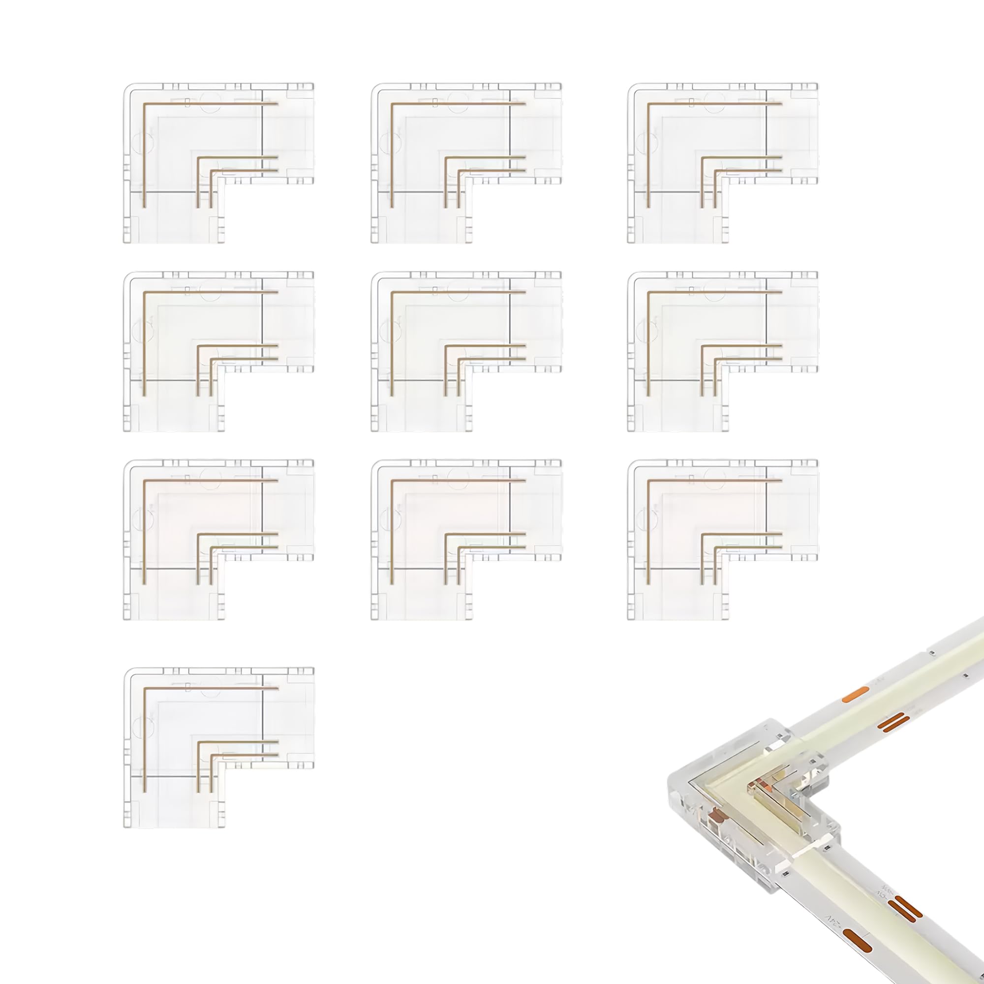 Clearhill White L-Shape 2Pin Transparent Solderless Cob Led Strip Connectors,8Mm - 90°Right Angle Corner Joints For 5V 12V 24V Single Color Led Strip Lights (10Packs) - Seamless Corner Connection.
